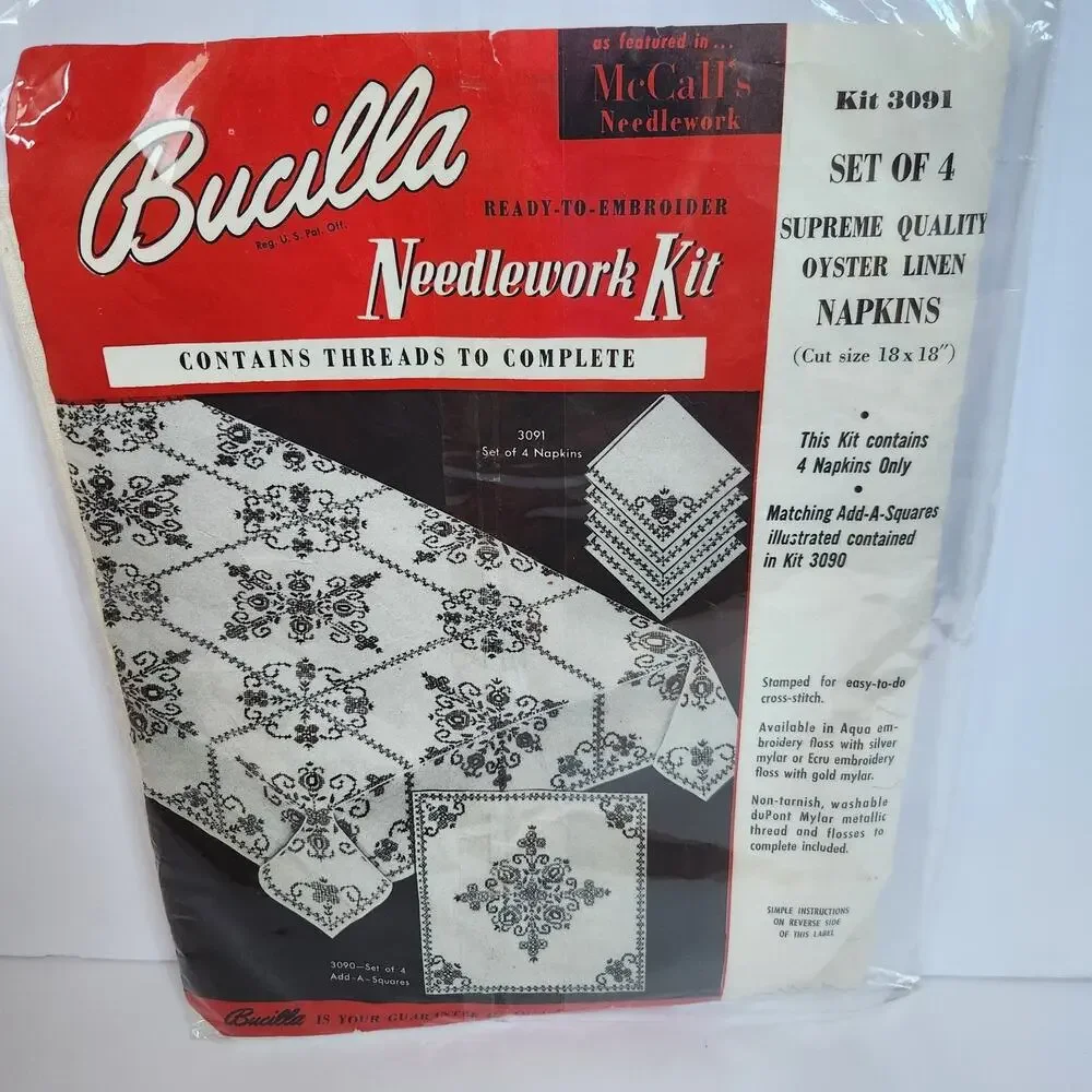 Vintage Bucilla Needlework NAPKIN Embroidery Kit Belgian Oyster Linen #3091 USA